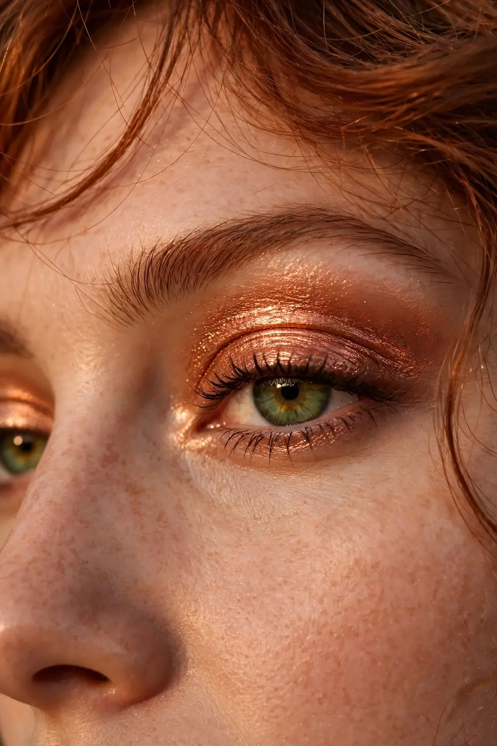 Close up of a womans eyes with copper metallic eyeshadow glowing in warm light