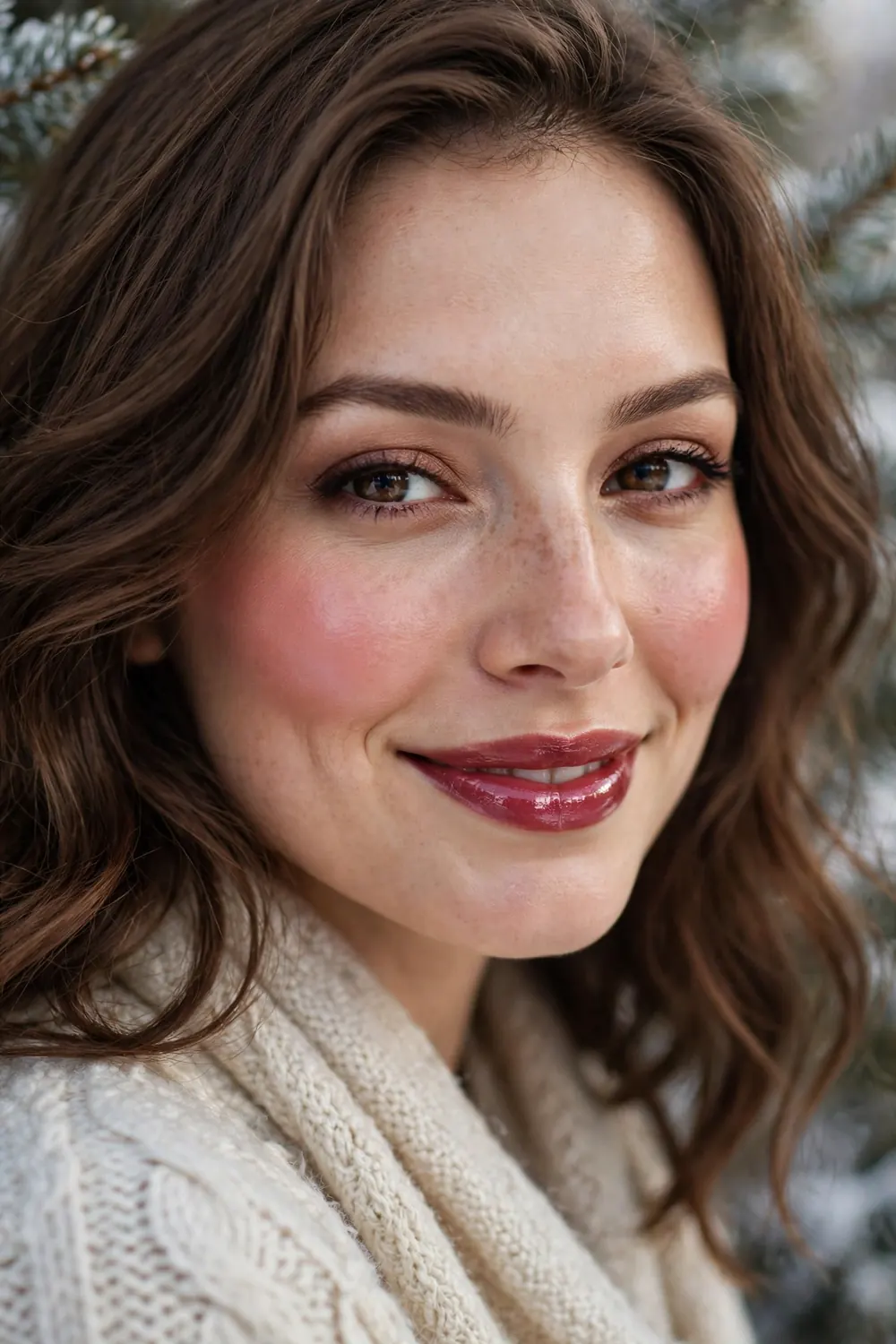 Close up portrait of a woman with rosy blushed cheeks and berry gloss lips smiling softly