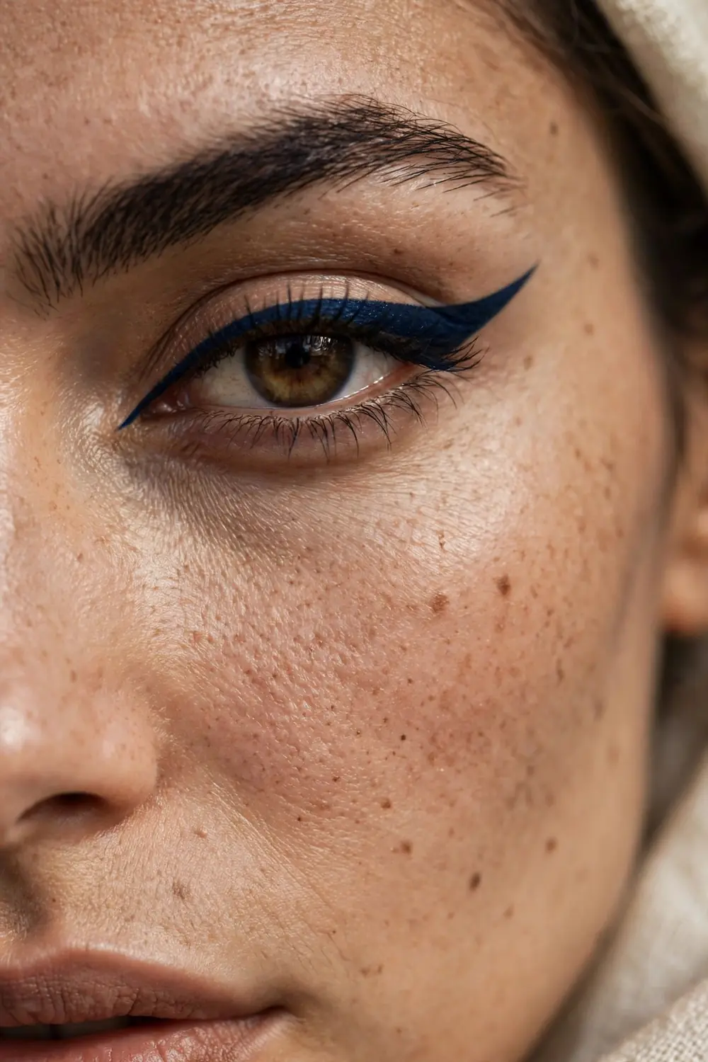 Close up of a womans eye with midnight blue winged eyeliner and a soft nude lip