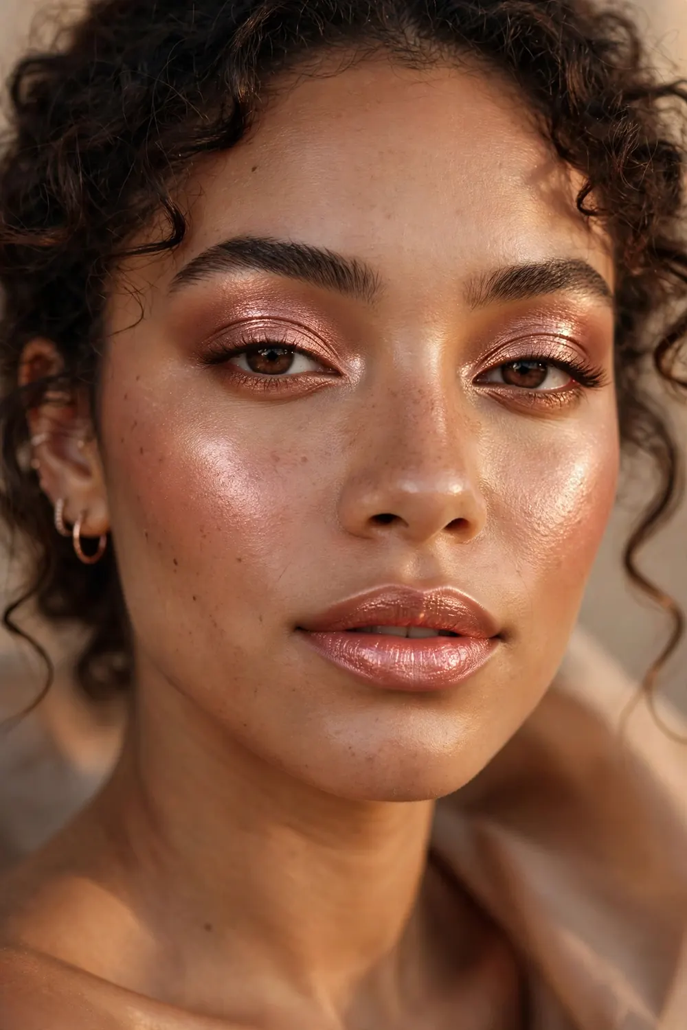 Close up portrait of a woman with rose gold eyeshadow blush and lipstick in monochrome holiday makeup