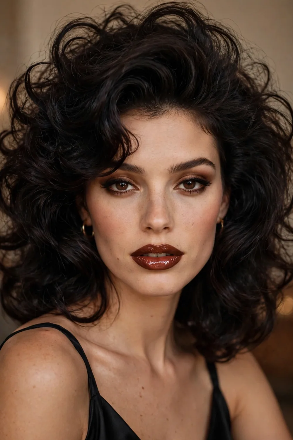Close up portrait of a woman with cherry cola brownish red lips and glossy hair in retro styling