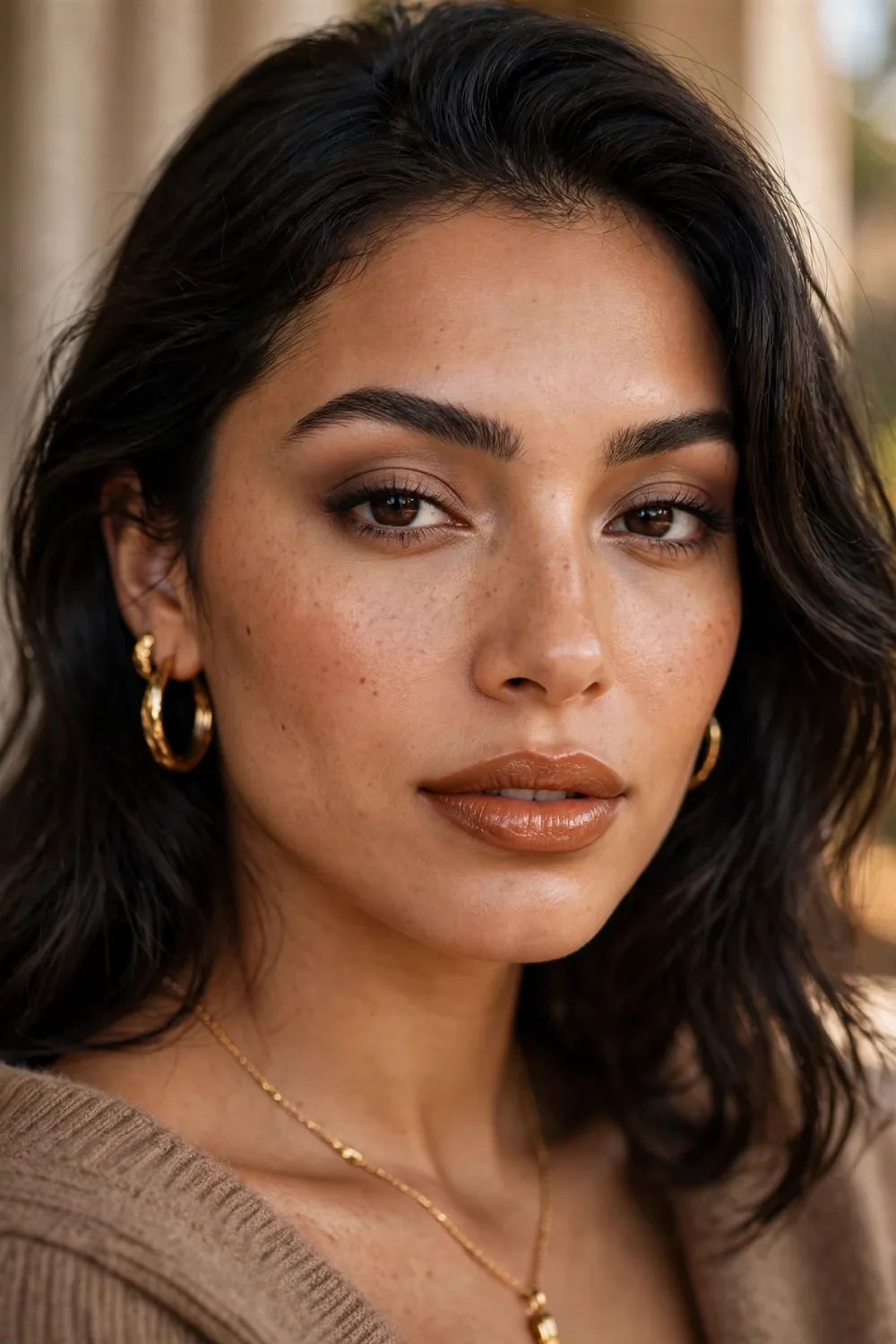 Close up portrait of a woman with warm taupe eyeshadow and caramel lipstick in elegant styling