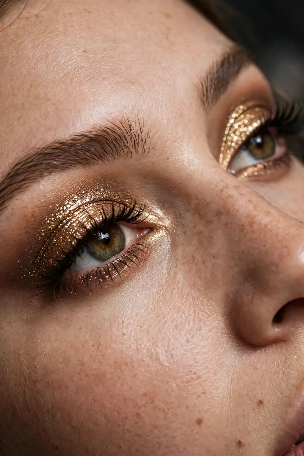 Close up of a womans eyes with a dramatic glitter cut crease in gold and bronze tones