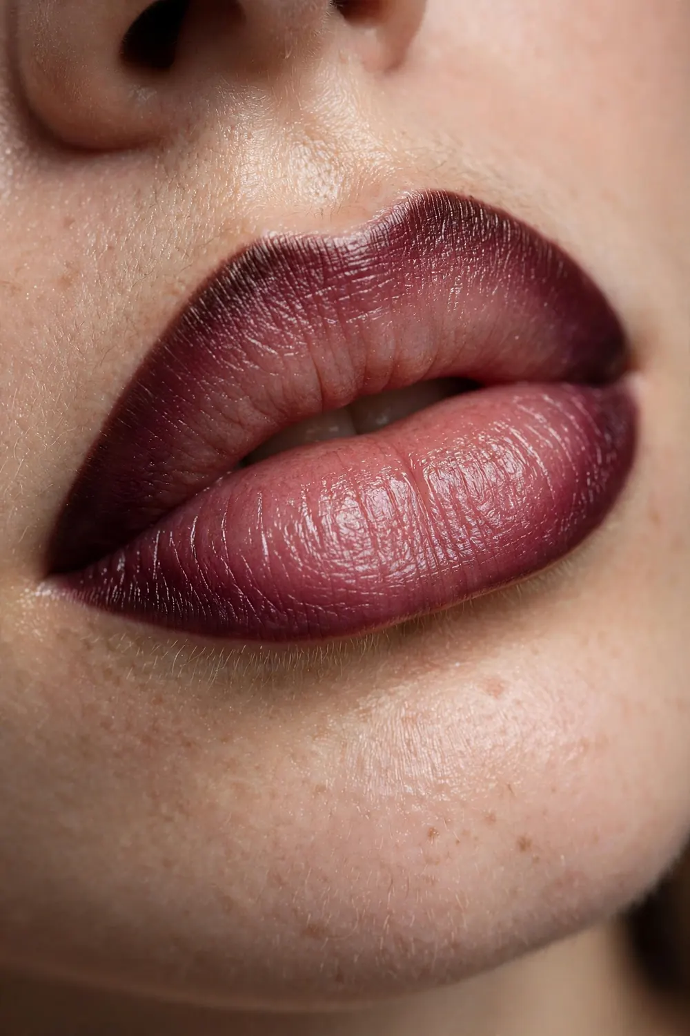 Close up of a womans lips with wine ombre effect darker at the edges and lighter in the center