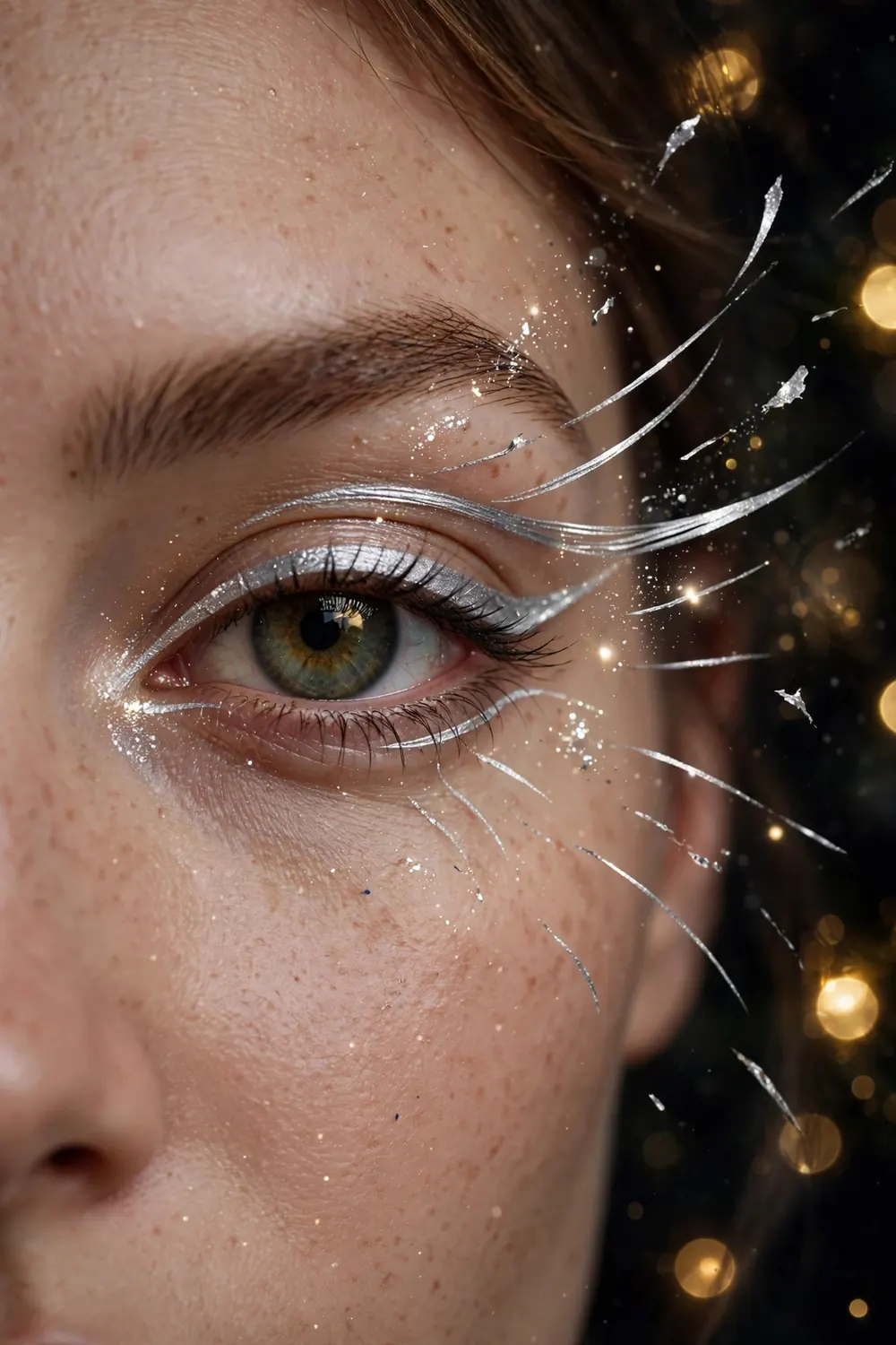 Close up of a womans eye with artistic silver graphic eyeliner design and festive sparkle