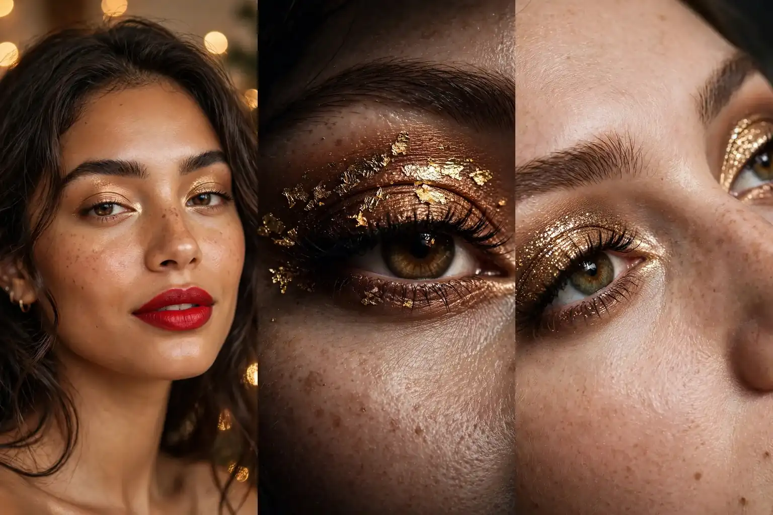 Collage of three Christmas makeup looks featuring red lips gold eyes and champagne shimmer