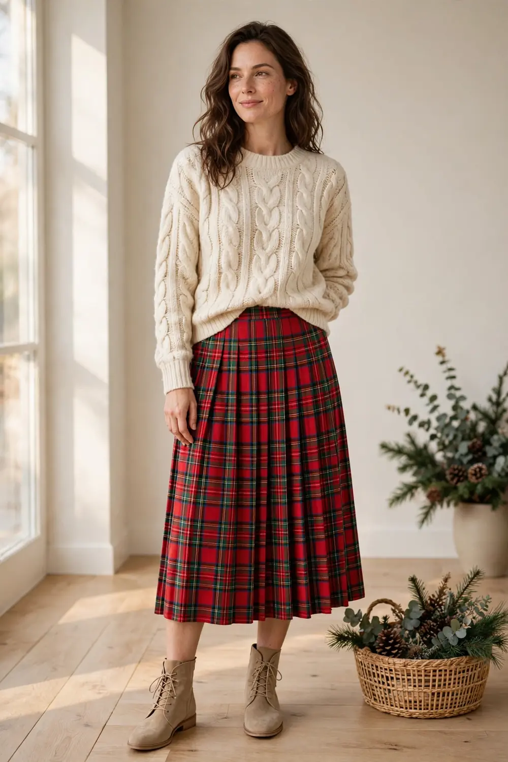 Woman wearing a cream cable knit sweater with a red plaid midi skirt beside a Christmas tree