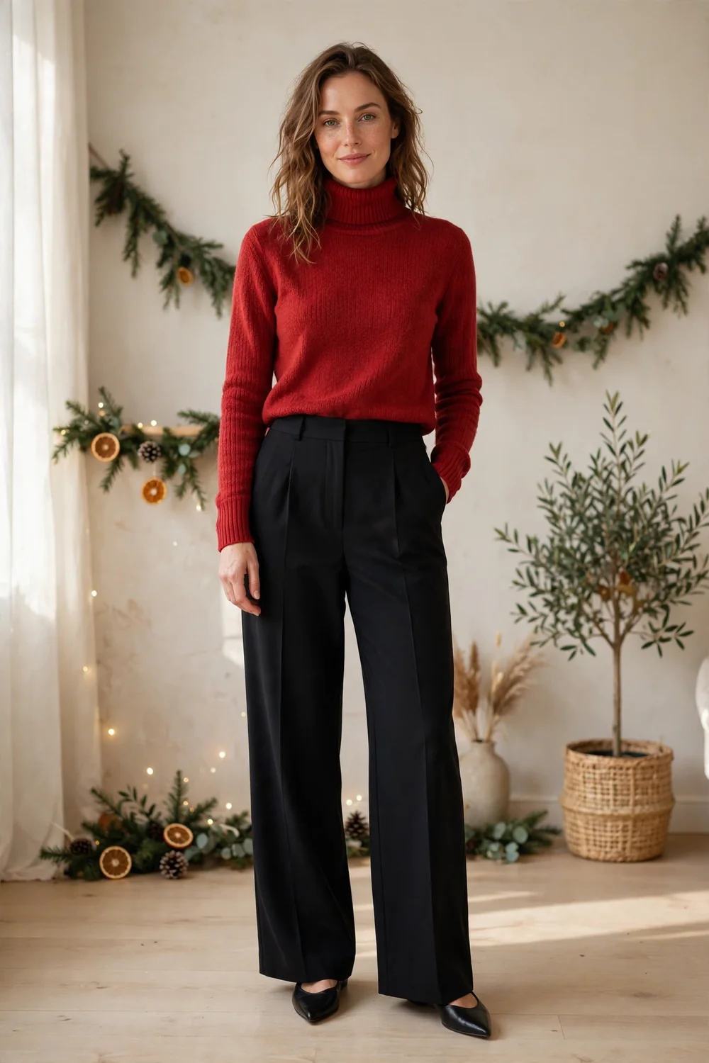 Woman in a rich red turtleneck sweater with black wide leg trousers in a festive living room