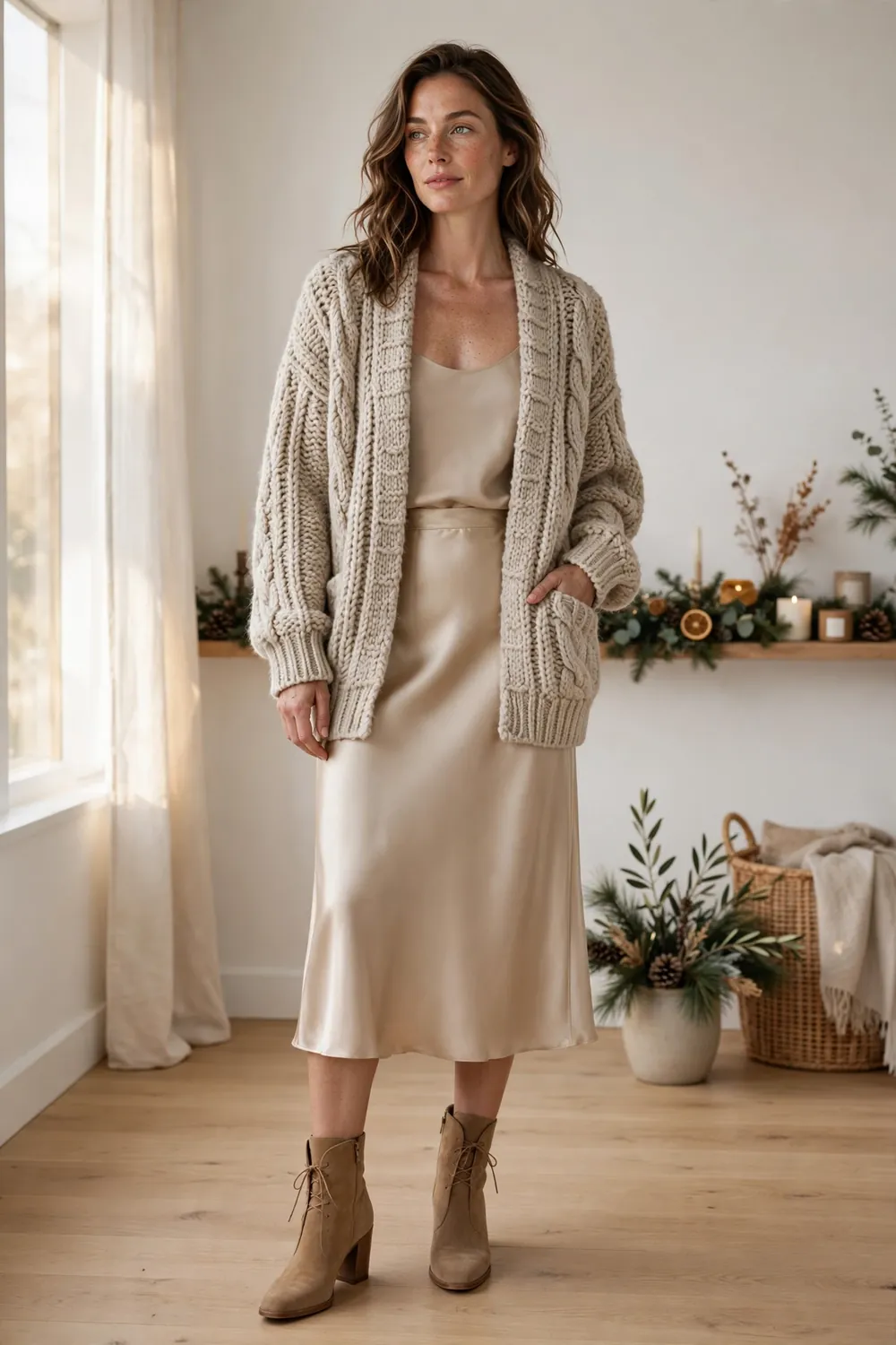 Woman in an oatmeal chunky cardigan worn open over a champagne satin slip skirt