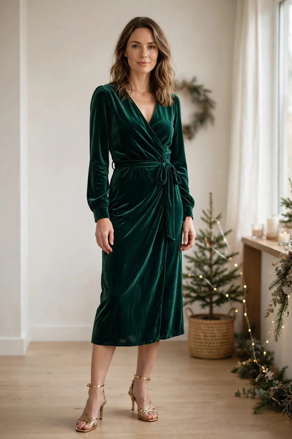 Woman in an emerald green velvet wrap dress with gold heels at a Christmas party