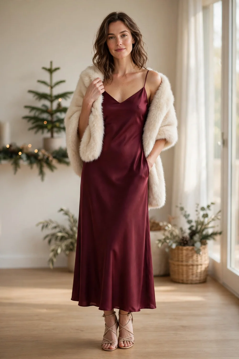 Woman in a burgundy satin slip dress with a cream faux fur stole over her shoulders