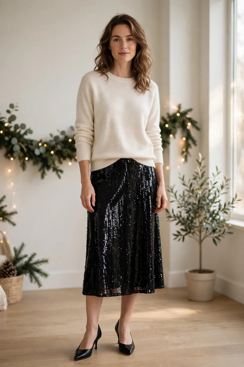 Woman wearing a black sequin midi skirt with a soft grey cashmere sweater