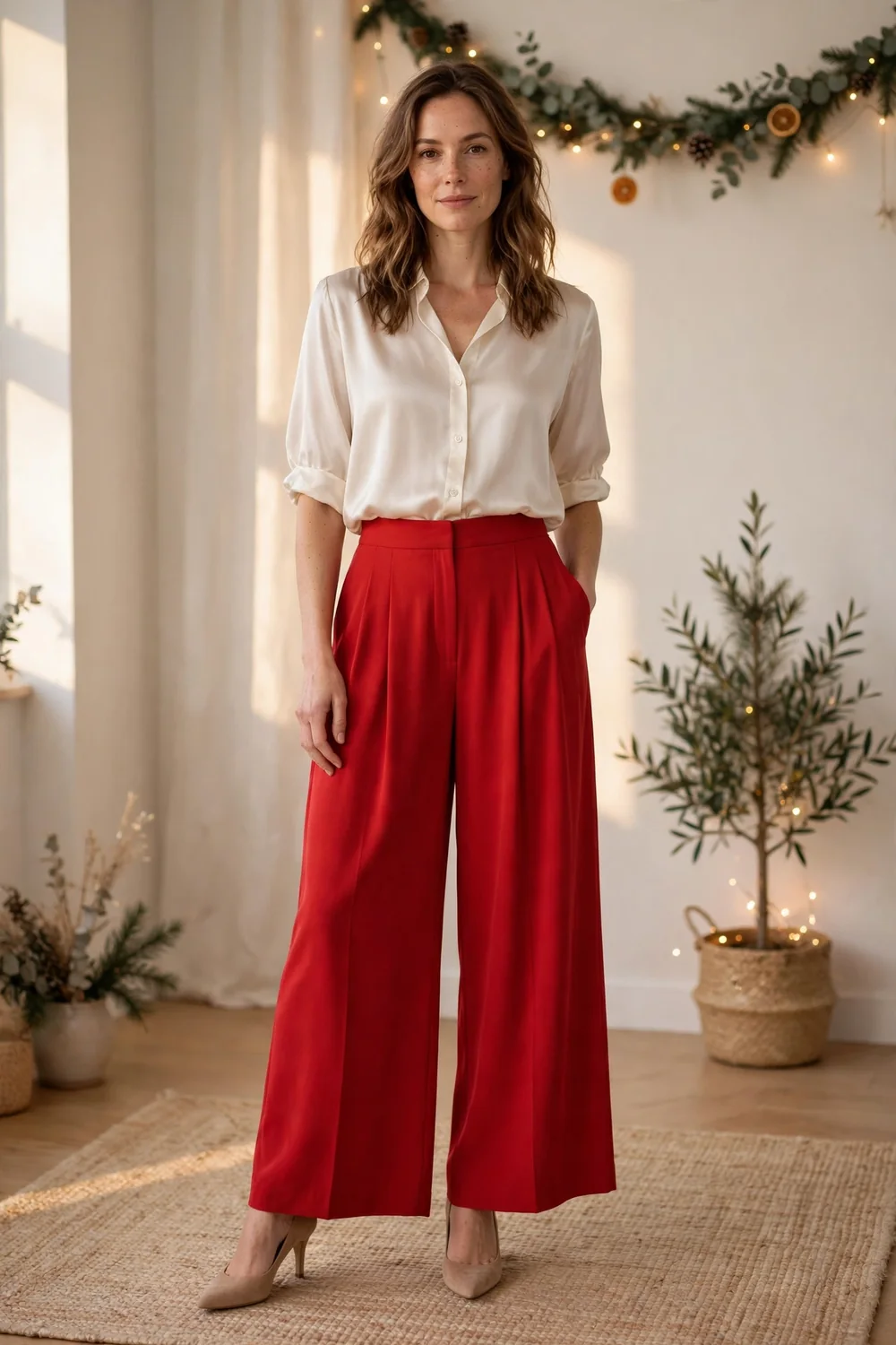 Woman wearing an ivory silk blouse with red wide leg trousers and gold heels