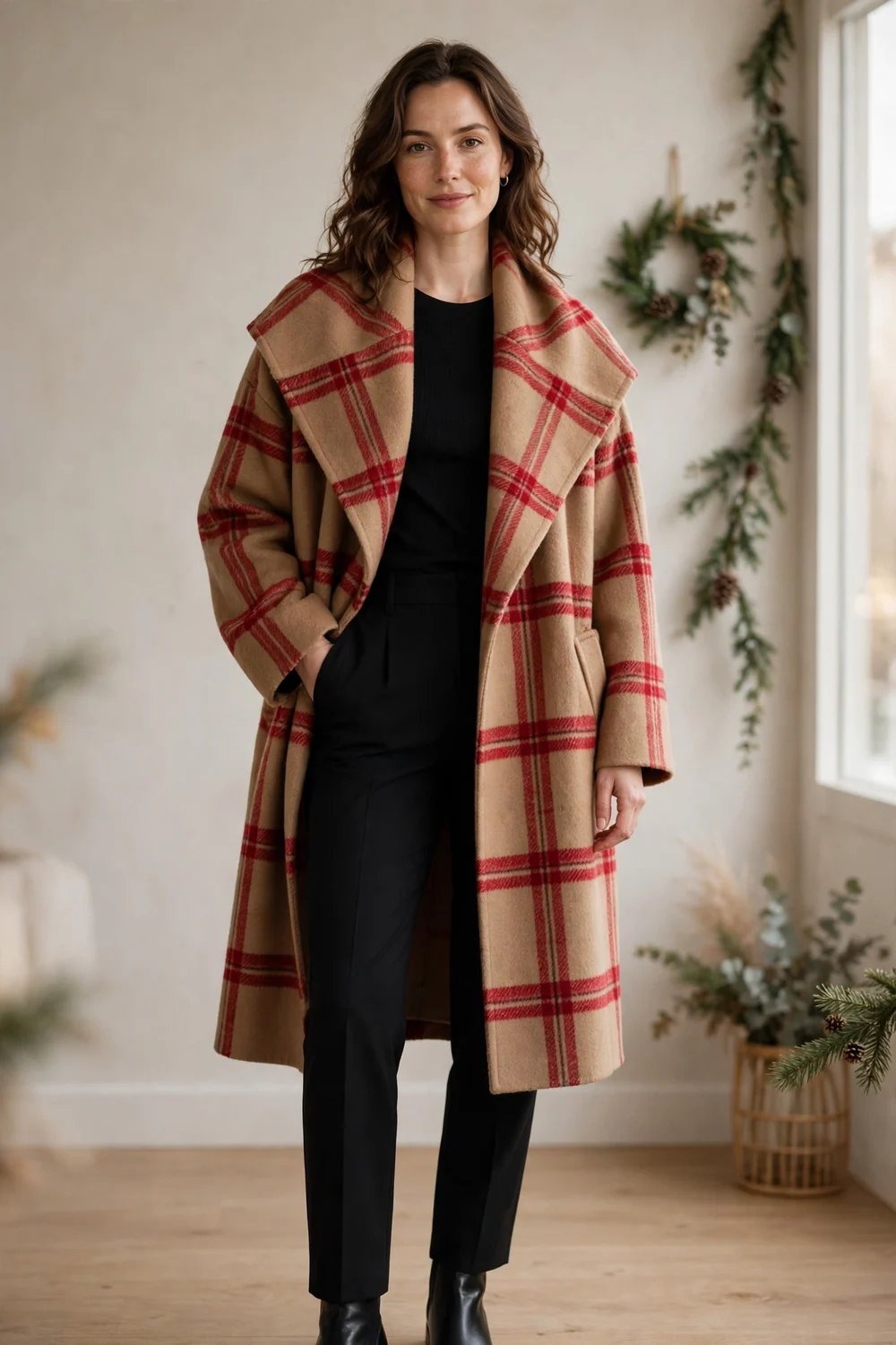 Woman in a camel scarf coat worn over an all black outfit with ankle boots