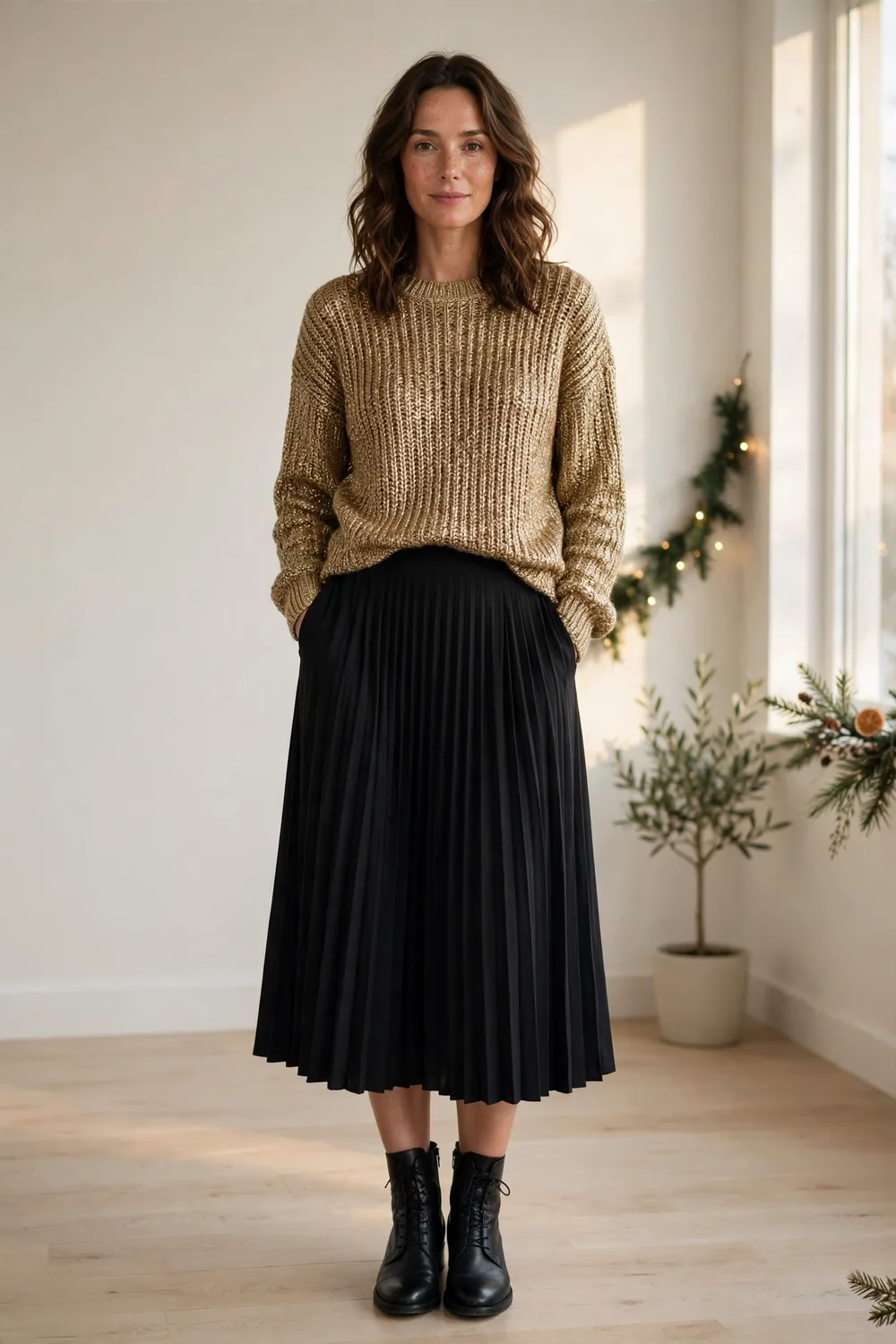 Woman in a metallic gold knit sweater with a black pleated midi skirt