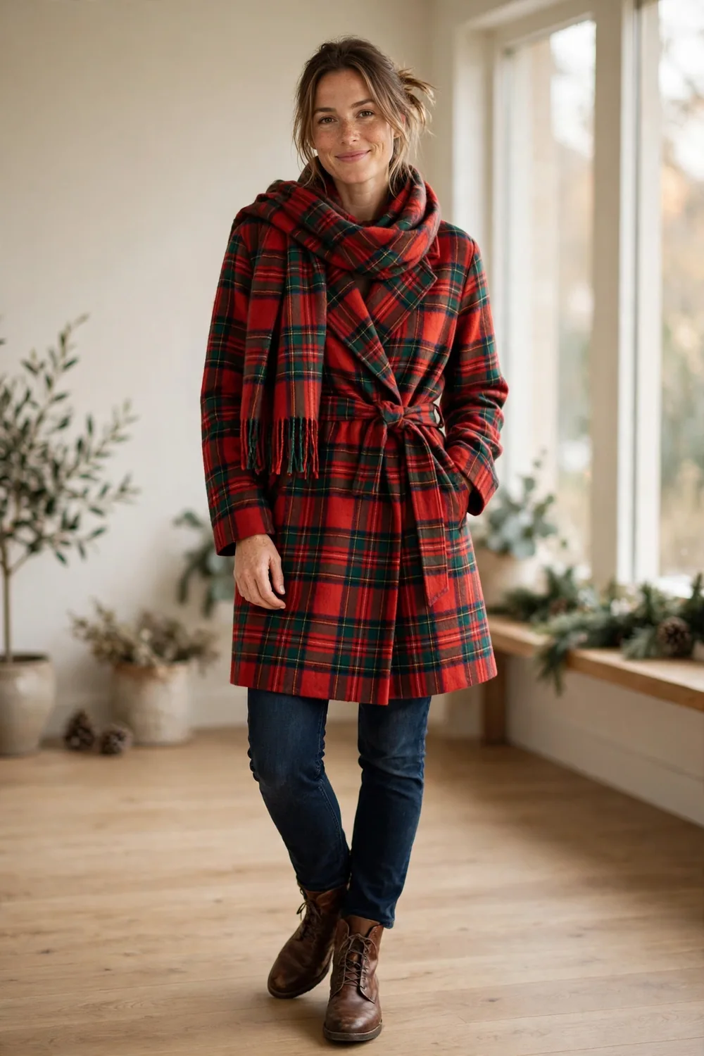 Woman wearing a red plaid wrap coat with a matching scarf and black boots