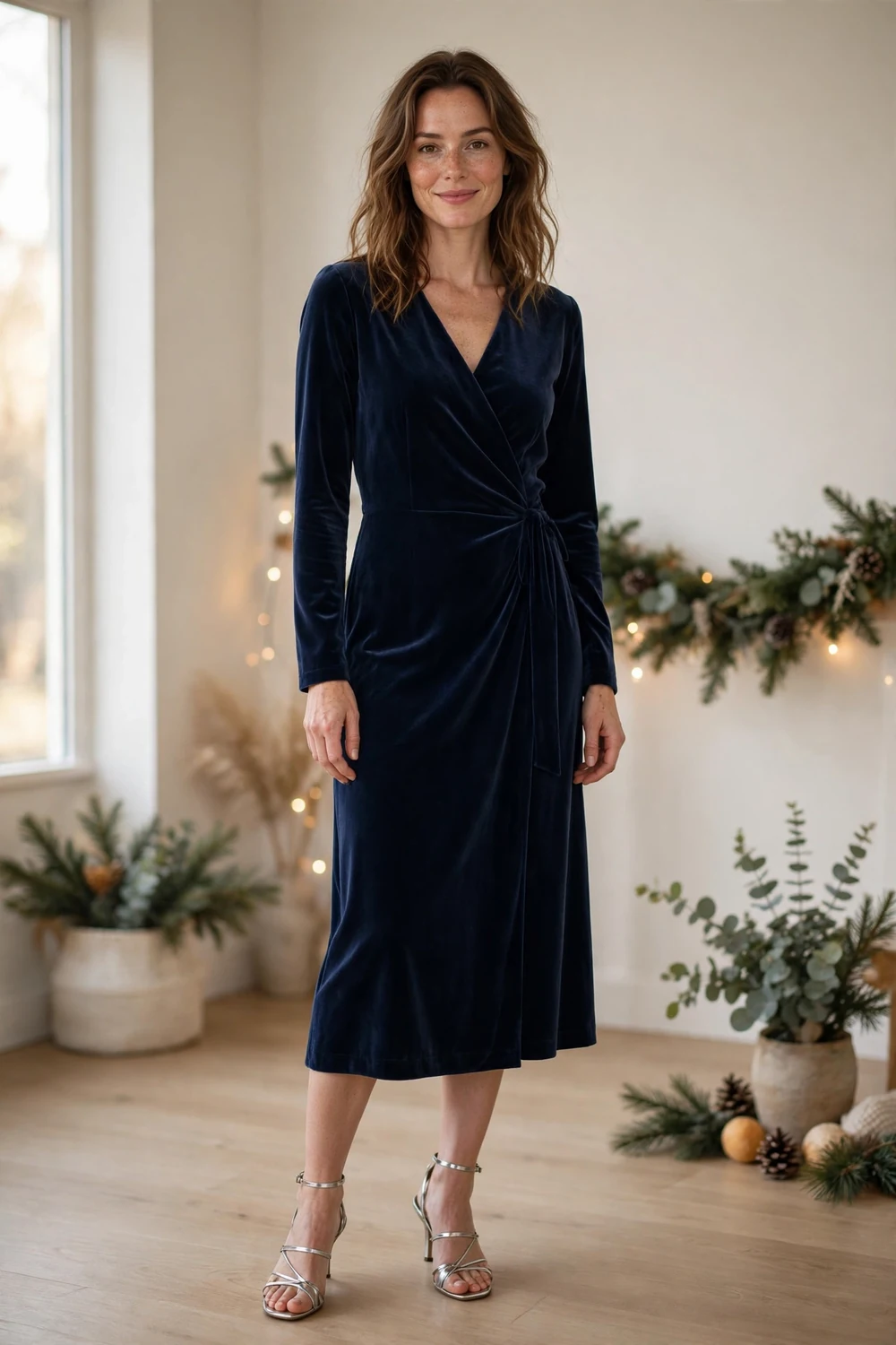 Woman in a navy blue velvet midi dress with silver heels