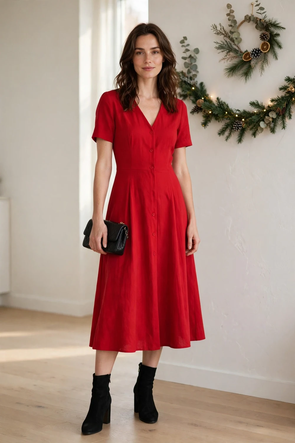 Woman wearing a red midi dress with black ankle boots and a black coat