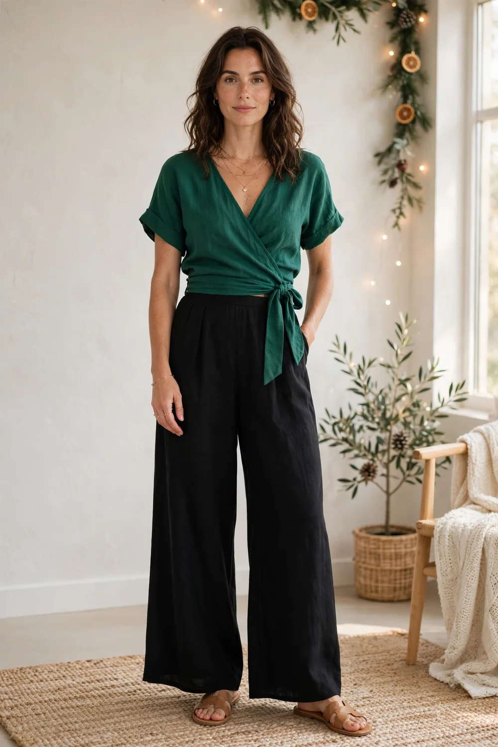 Woman wearing an emerald green satin wrap top with black palazzo trousers
