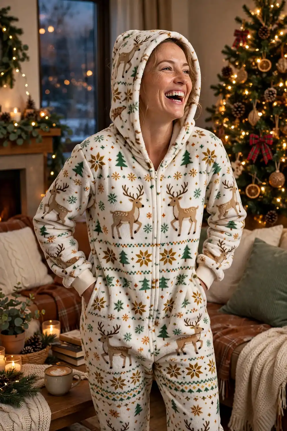 Woman laughing in a cozy reindeer fleece onesie at Christmas