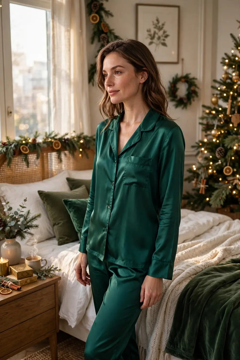 Woman in silky emerald green Christmas pajamas in elegant bedroom
