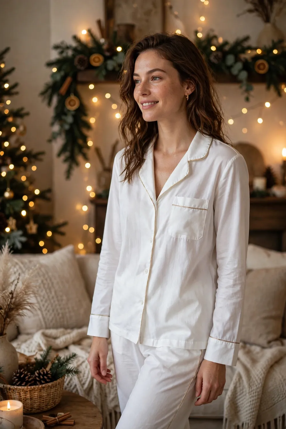 Woman in white and gold luxe Christmas pajamas with fairy lights