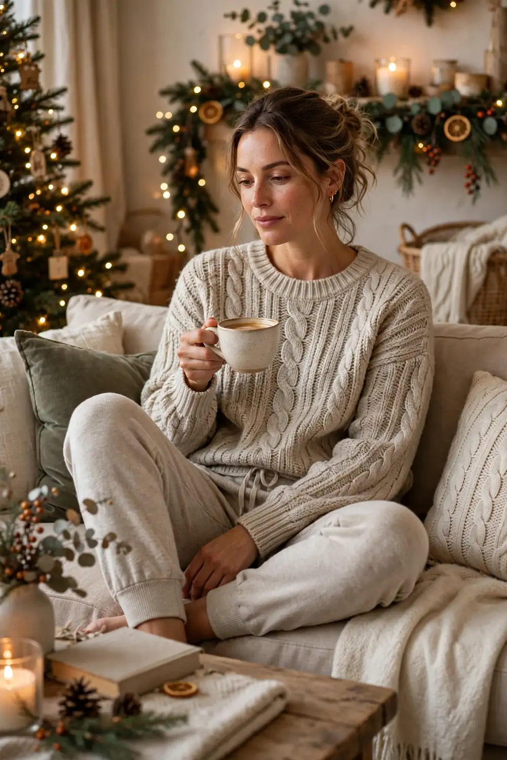 Woman in knit sweater and jogger lounge set on Christmas morning