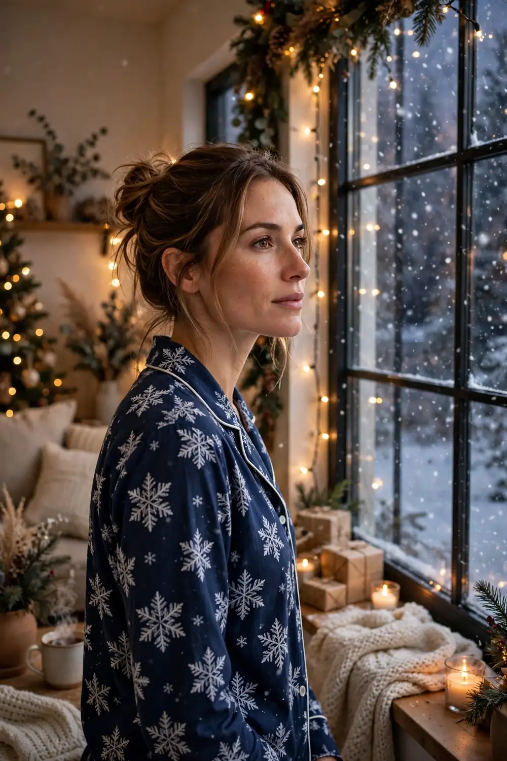 Woman in snowflake print Christmas pajamas watching snowfall