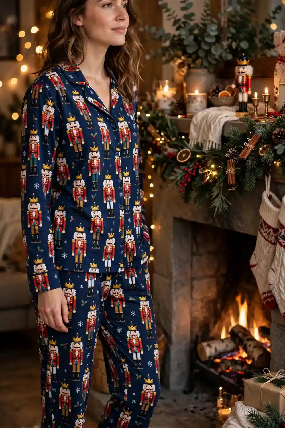 Woman in nutcracker print Christmas pajamas by the fireplace