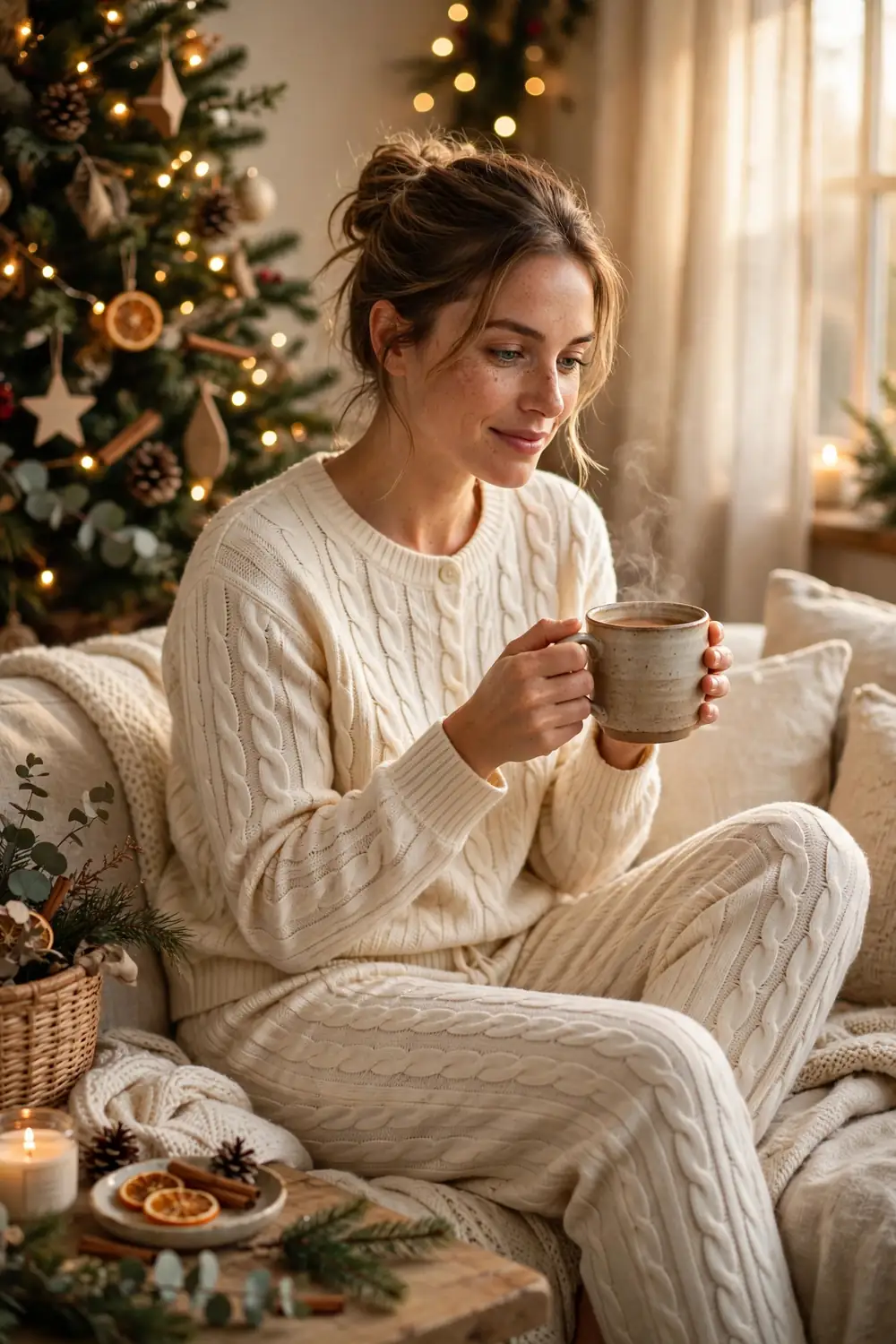 Woman in cream cable knit Christmas pajama set with coffee