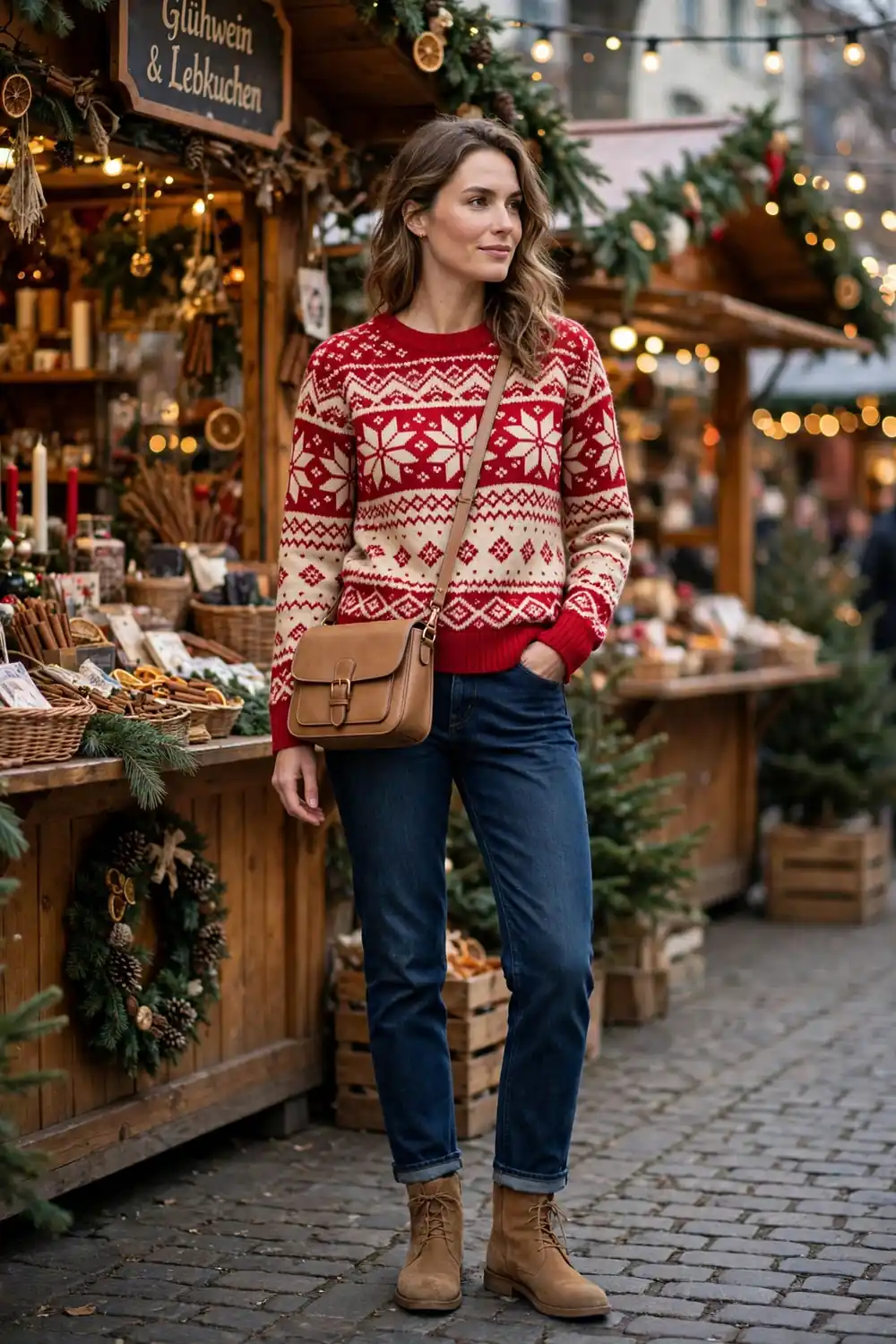 Woman wearing a classic red and cream fair isle Christmas sweater with dark indigo jeans and suede ankle boots at a festive market