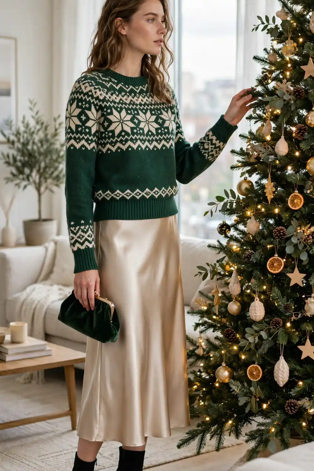 Woman wearing a forest green nordic yoke Christmas sweater with a champagne satin midi skirt and heeled ankle boots