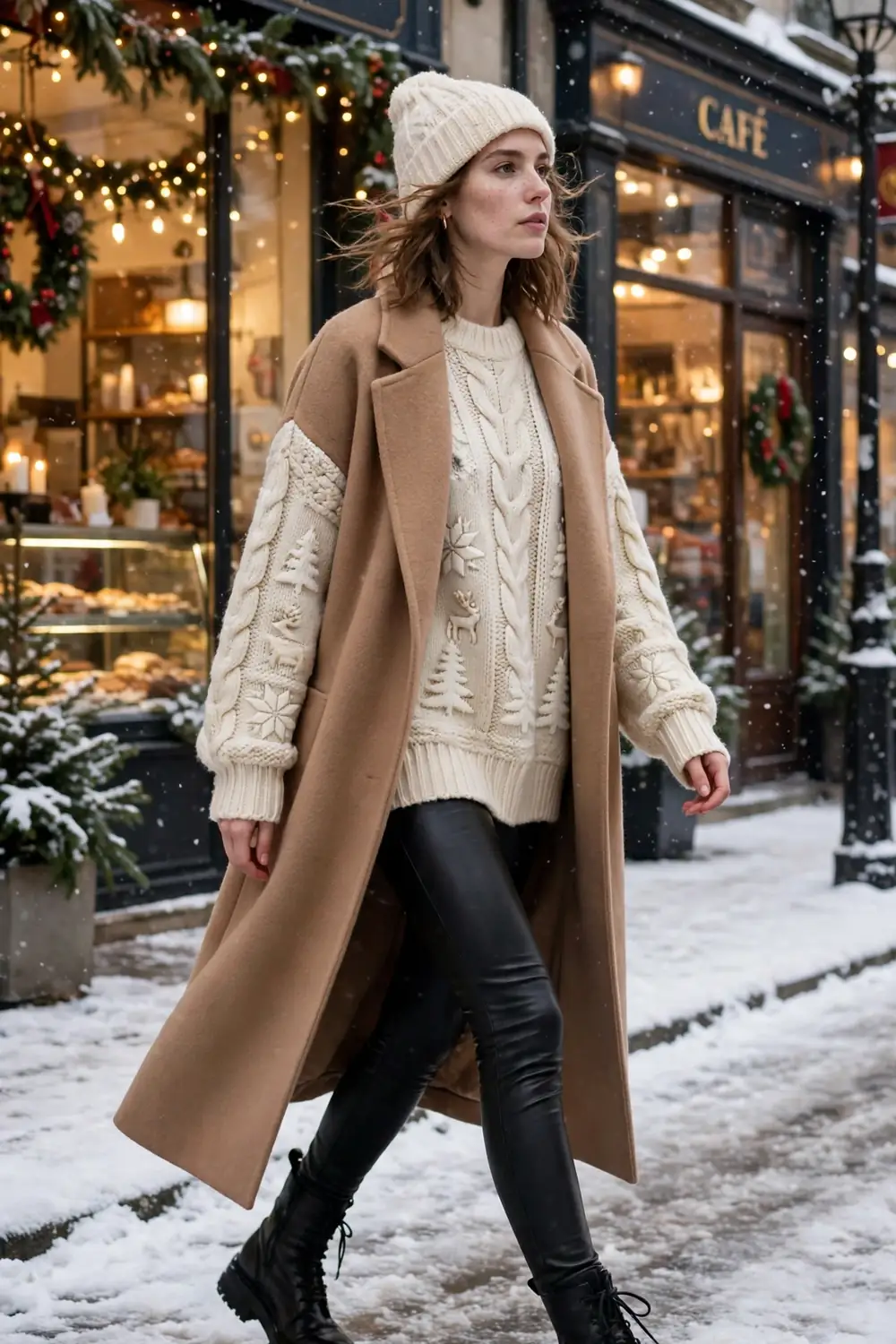 Woman wearing an oversized cream chunky knit Christmas sweater with black faux leather leggings and chunky boots