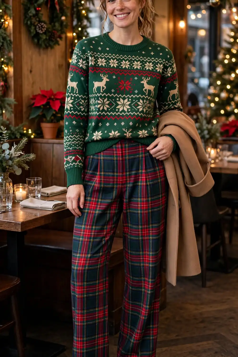 Woman wearing a forest green Christmas sweater with red and green tartan wide leg trousers and loafers