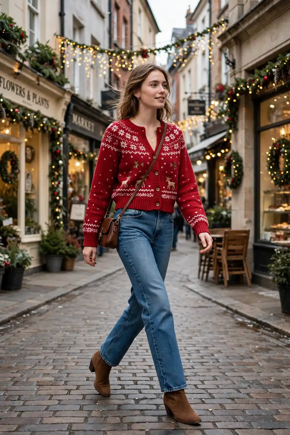Woman wearing a cranberry cropped Christmas cardigan with high rise straight leg jeans and heeled boots