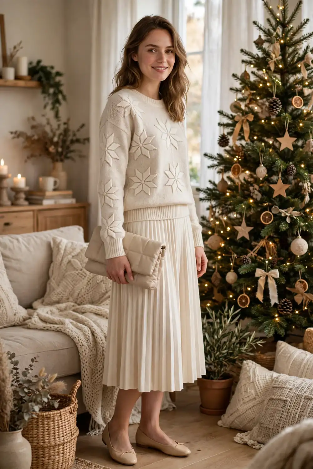 Woman wearing a tonal cream snowflake Christmas sweater with a pleated midi skirt and ballet flats