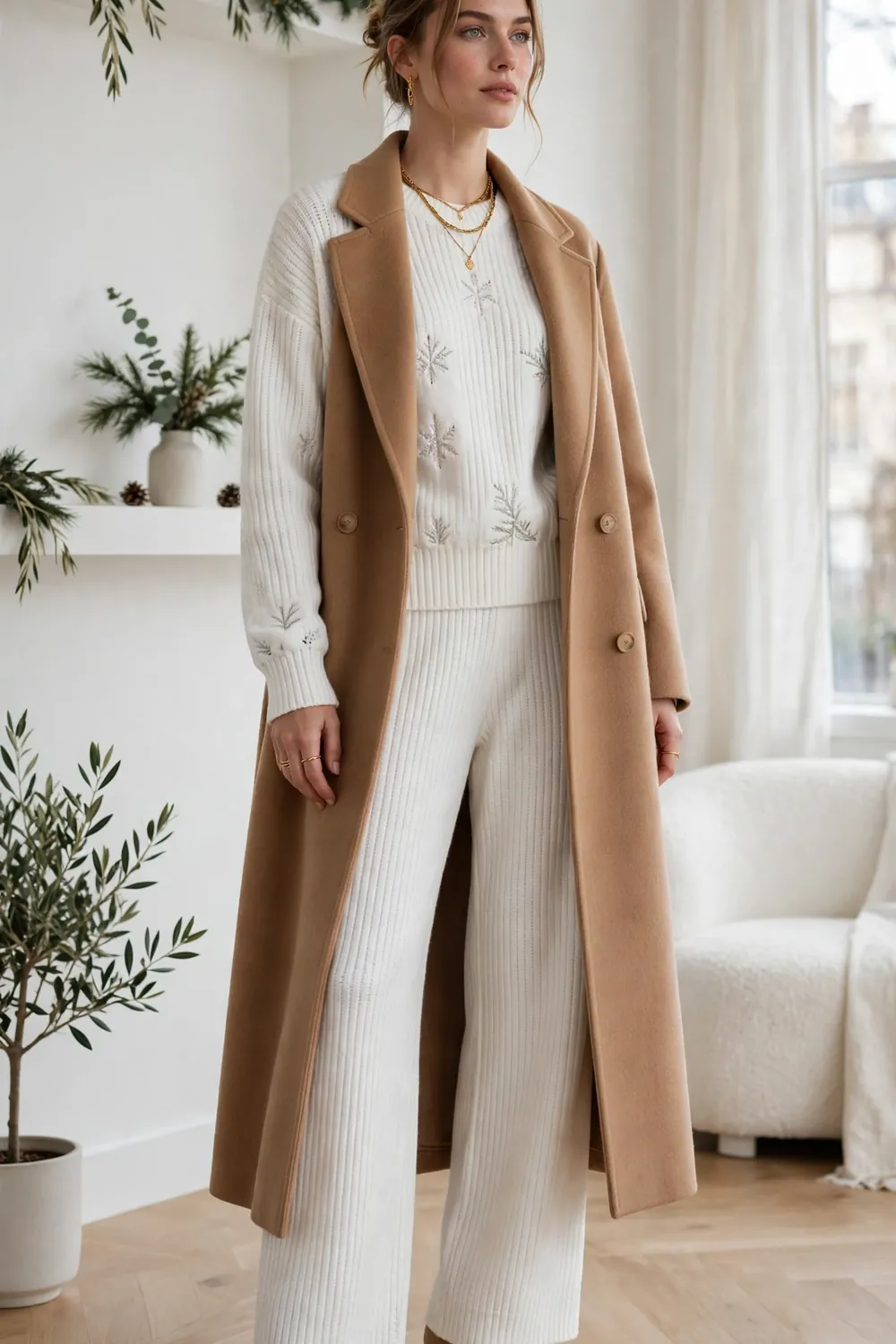 Woman wearing a winter white ribbed knit Christmas sweater set with wide leg trousers, gold jewellery and heeled boots