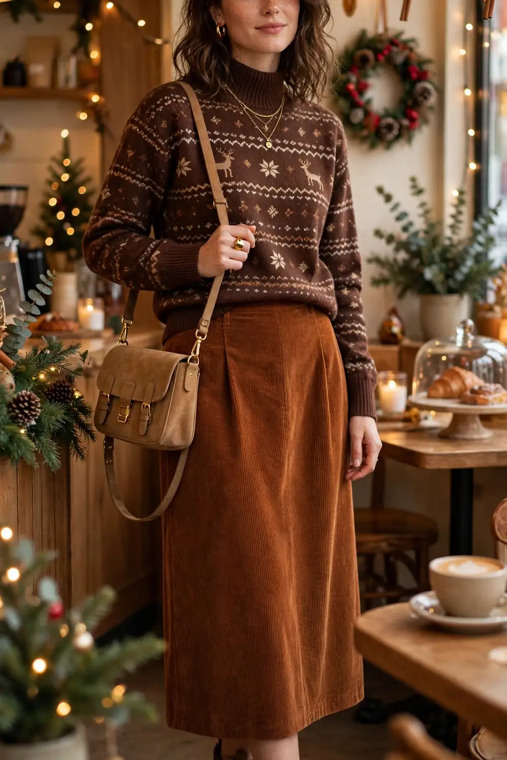 Woman wearing a chocolate brown roll neck Christmas sweater with a rust corduroy midi skirt and tan ankle boots