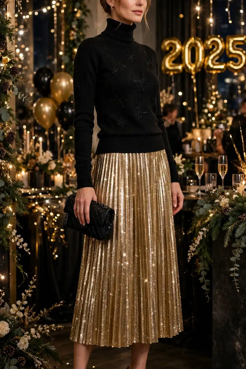 Woman wearing a black turtleneck Christmas sweater with a gold sequin pleated midi skirt and black heels