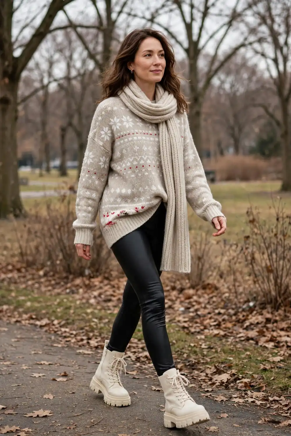 Woman wearing an oatmeal slouchy Christmas knit sweater with black faux leather leggings and chunky boots