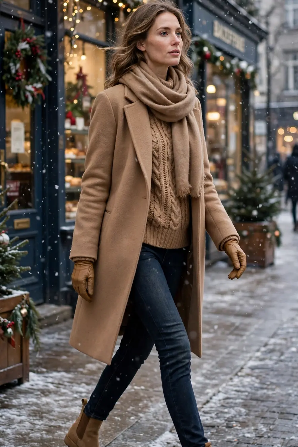 Woman wearing a tonal camel Christmas outfit with a chunky knit sweater, brushed scarf, wool coat and tan boots
