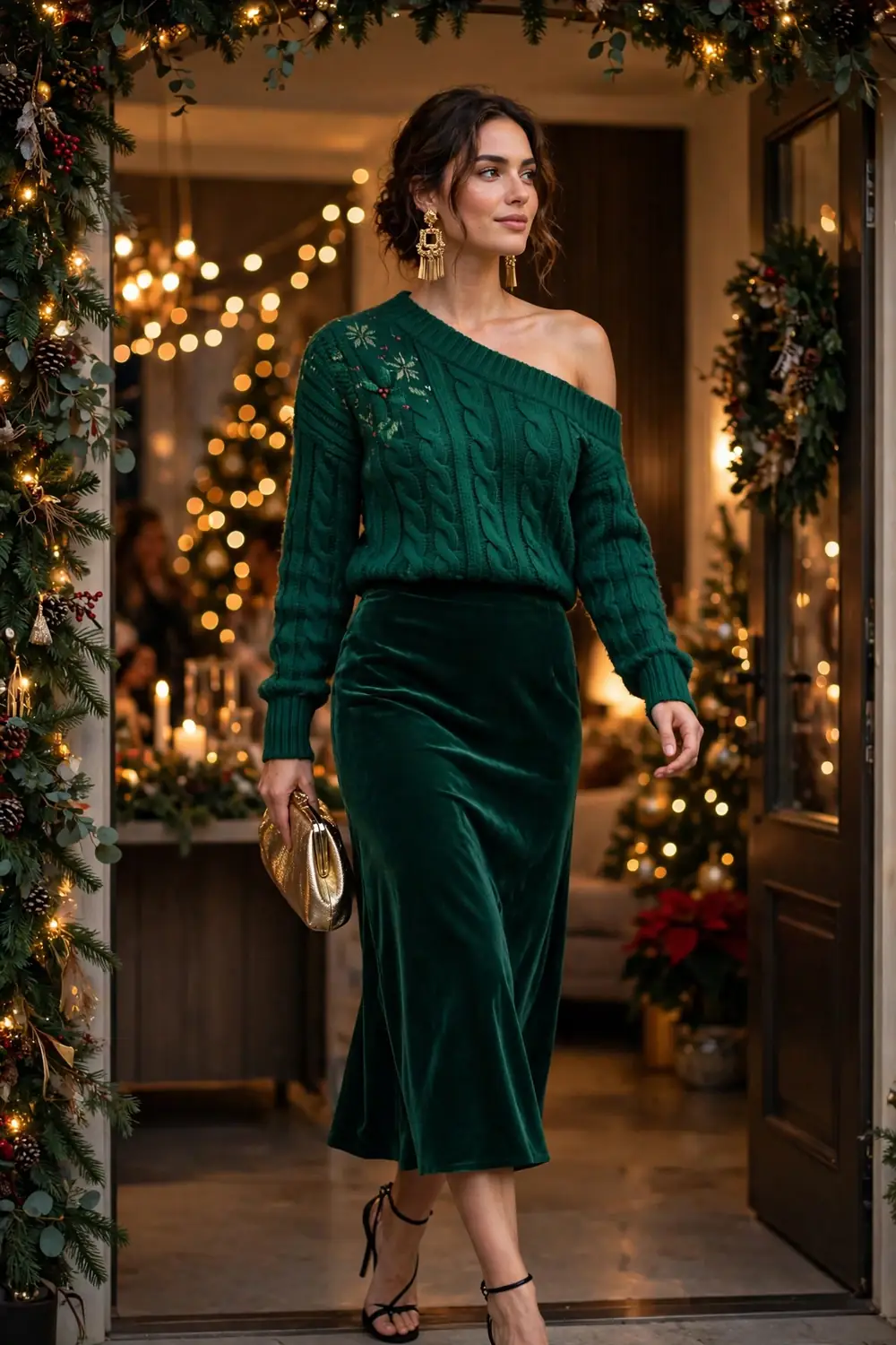 Woman wearing an emerald one shoulder Christmas knit sweater with a velvet midi skirt and strappy heels at a party