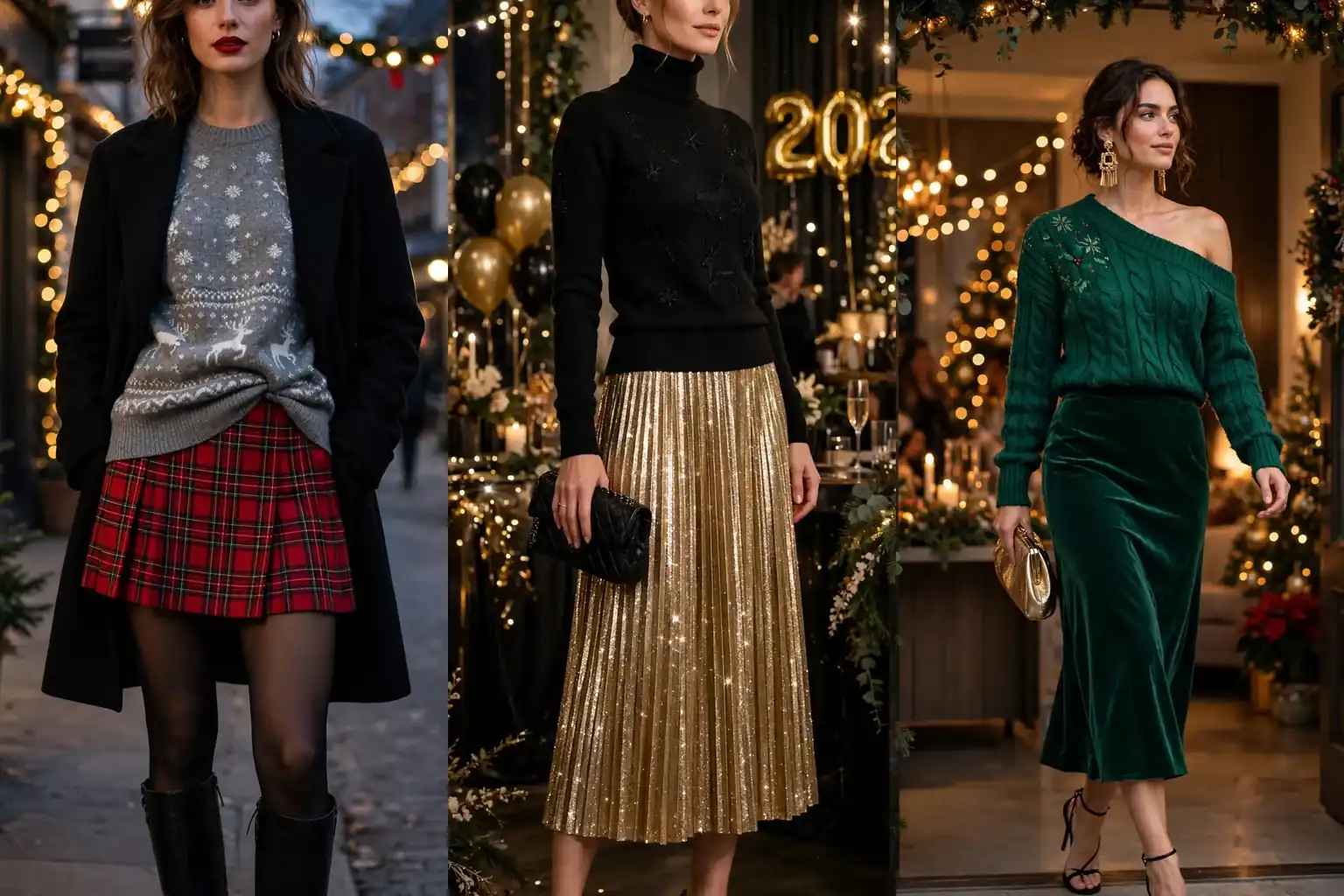 Three panel collage of Christmas sweater outfits for women
