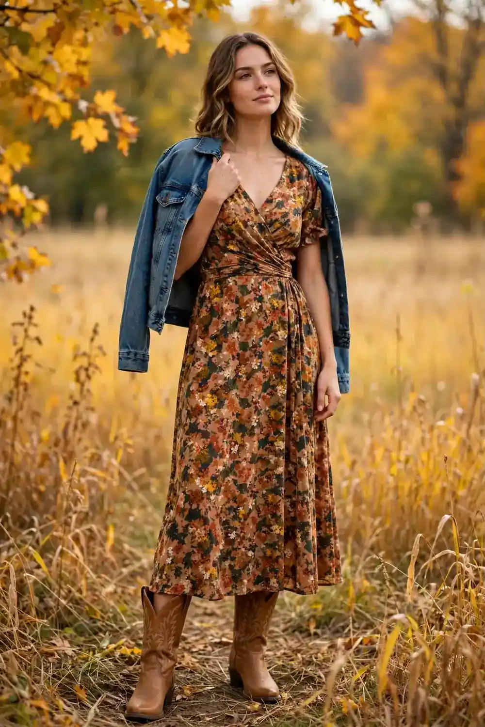 Cowboy boots styled with a floral midi dress in a fall field