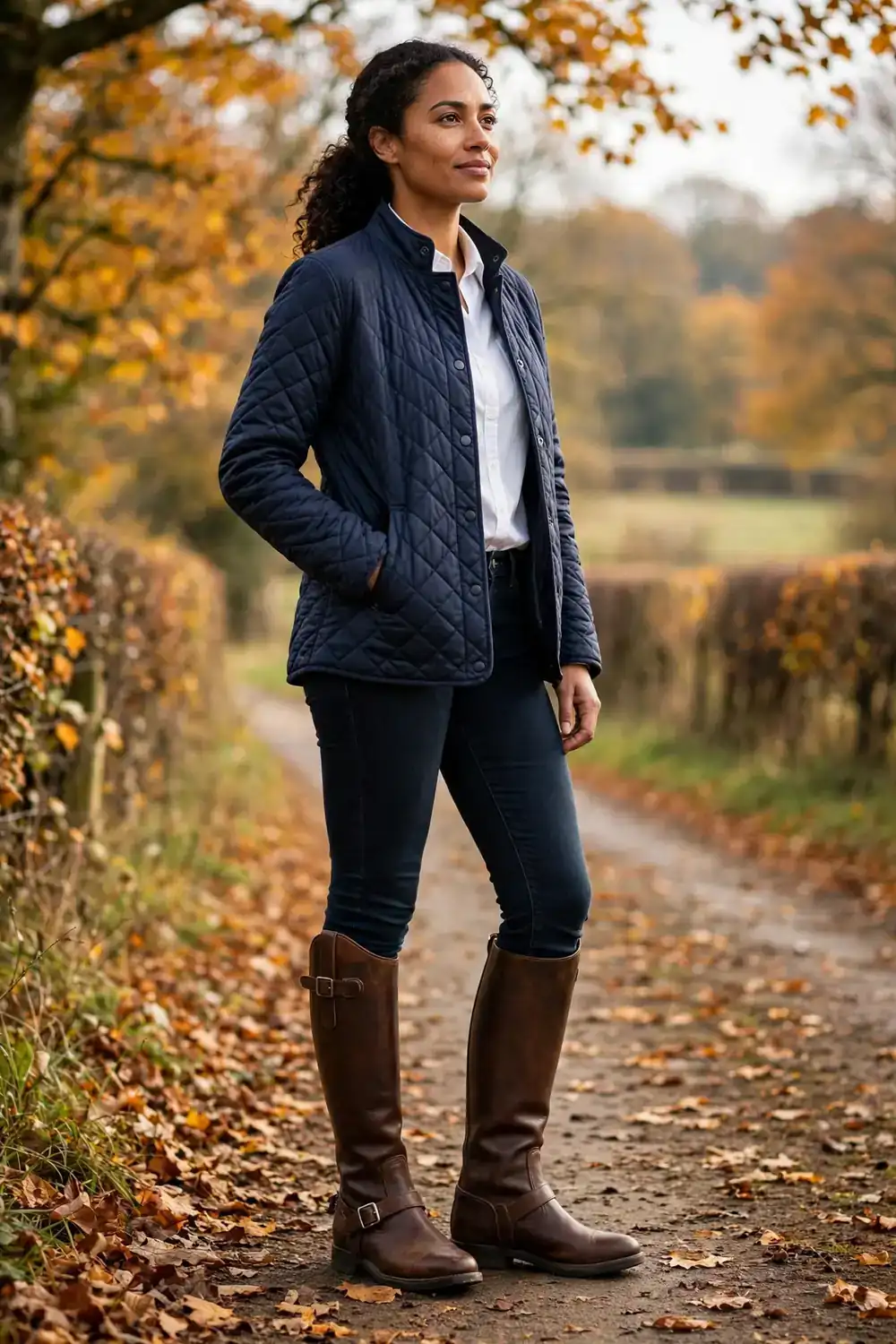 Classic riding boots with skinny jeans and a quilted jacket on a woman
