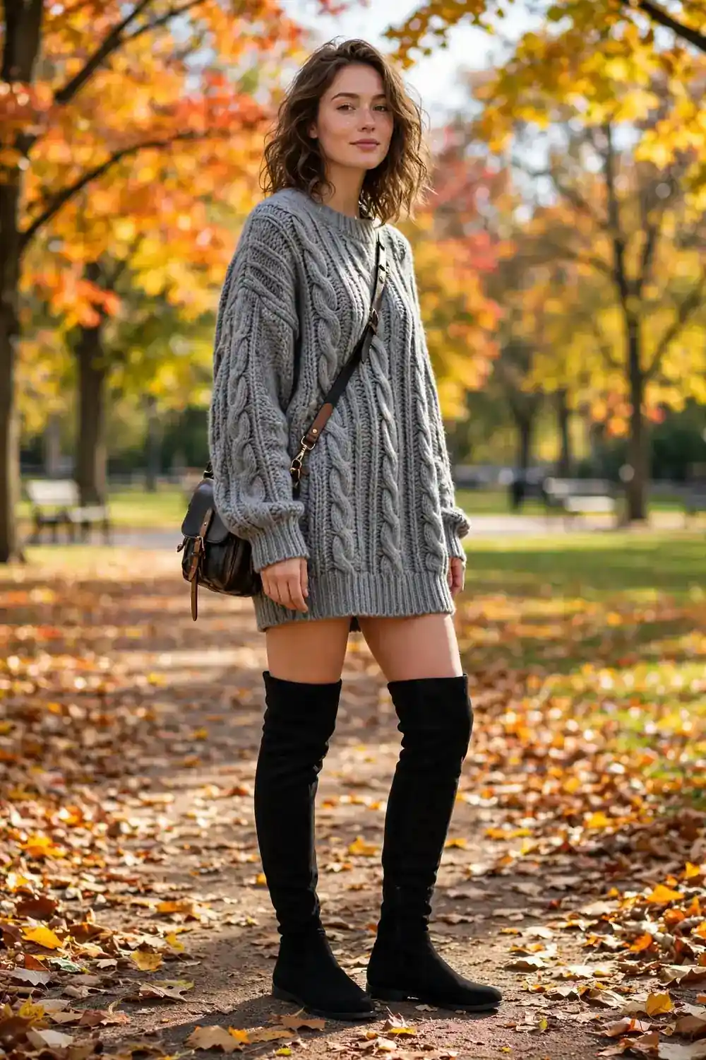 Over the knee boots with an oversized gray sweater dress on a woman