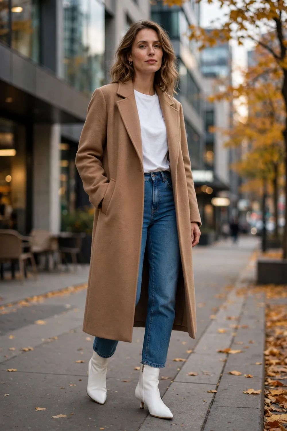 White ankle boots with a camel coat and jeans street style outfit