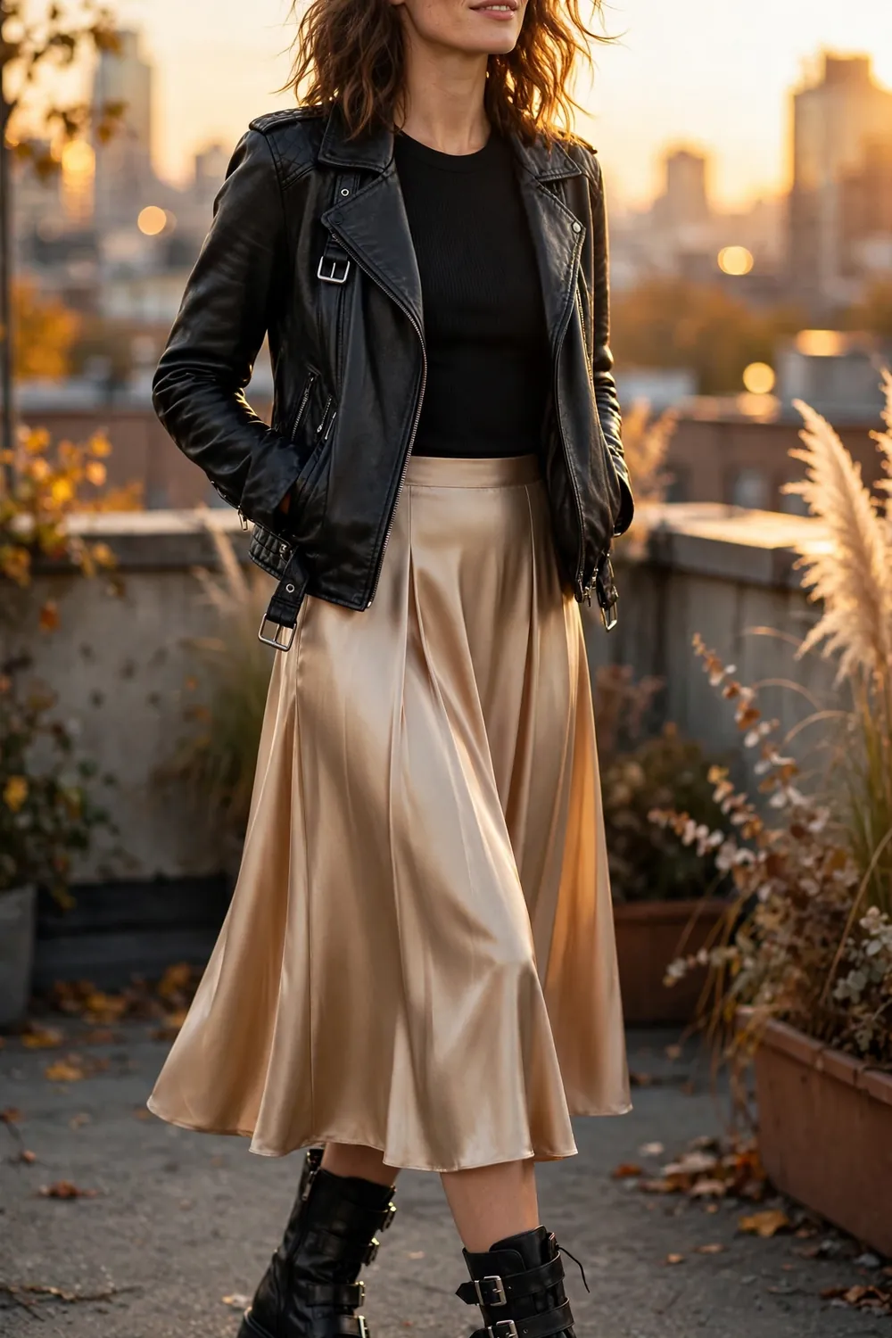 Black moto boots styled with a champagne satin midi skirt