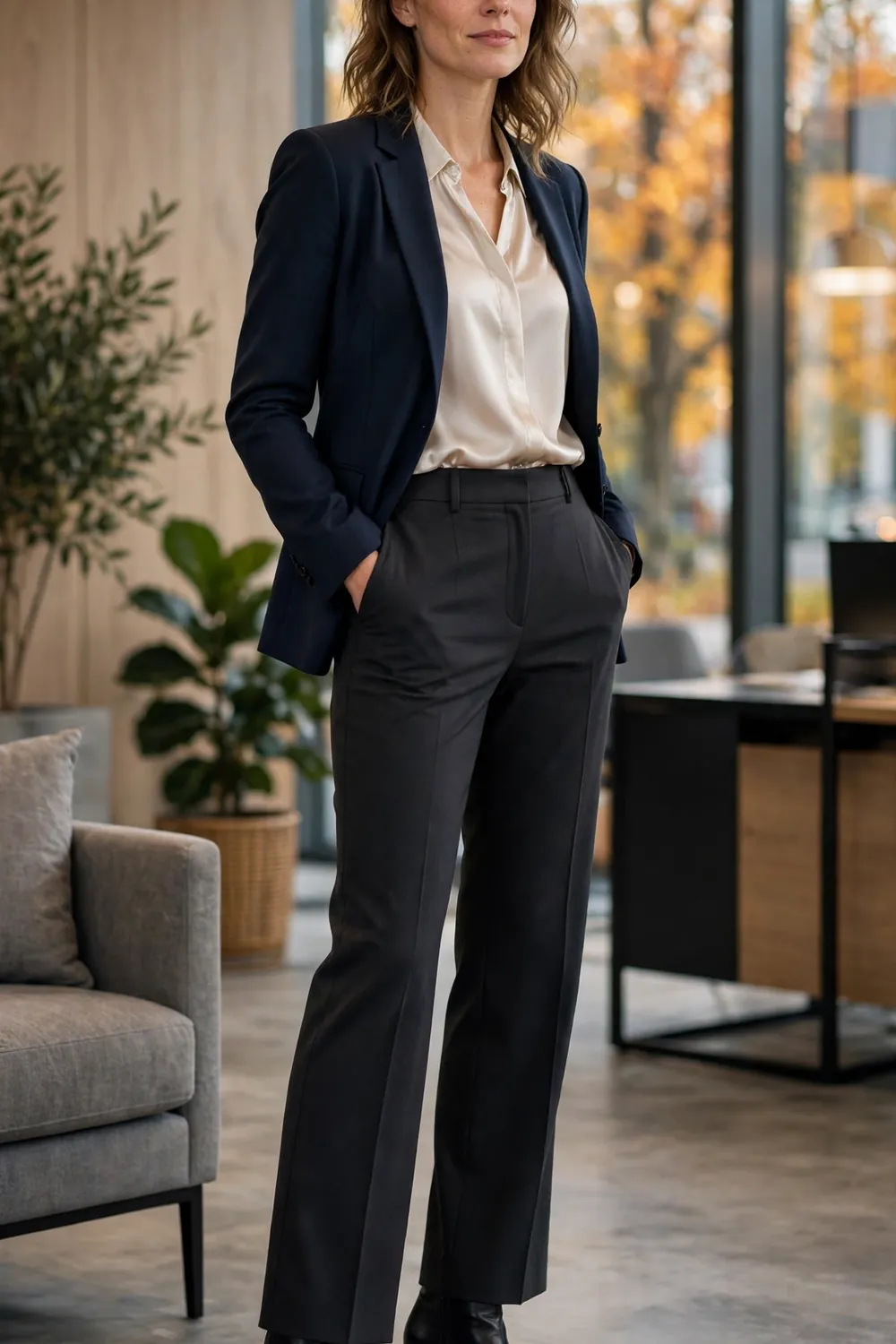 Kitten heel ankle boots with tailored charcoal trousers office outfit