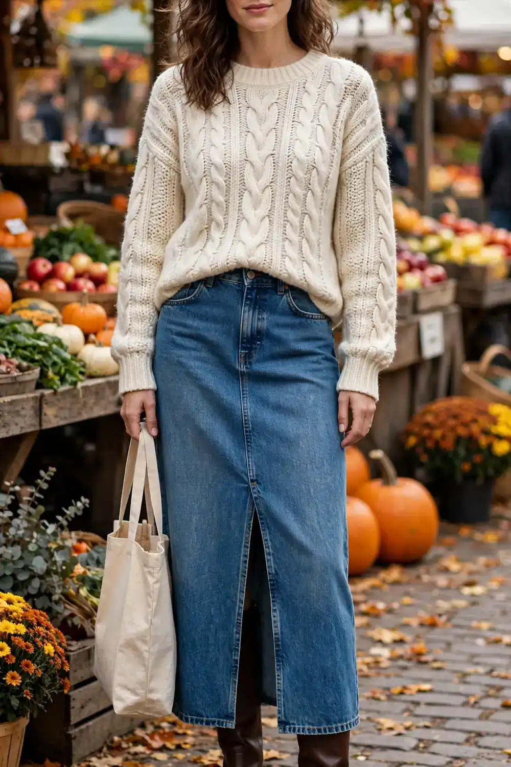 Chocolate brown boots with a denim maxi skirt and cream sweater